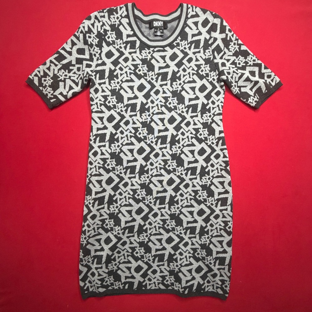 VTG Y2K DKNY Womens Monogram‎ Logo Knit Sweater Dress Grey Black Short Sleeve L